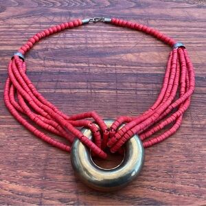 VTG Ethnic Red Coral Beaded Brass Ring Statement Necklace Pendant 22"